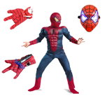 Set costum Spiderman cu muschi, pentru 3-5 ani, 2 lansatoare si masca plastic LED, rosu, IdeallStore
