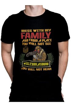 Tricou pentru barbati, Priti Global, Mess with my family and from a place you will not see, Negru, S, PRITI GLOBAL