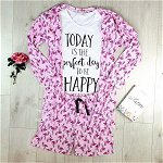 Set pijama dama 3 piese alcatuit din tricou + pantaloni scurti + halat roz cu imprimeu Perfect Day, 