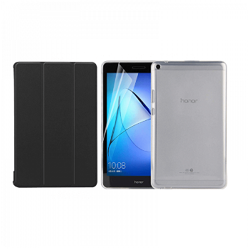 Set 3 in 1 husa carte husa silicon si folie protectie ecran pentru Huawei MediaPad T3 8 8 Inch negru, KRASSUS