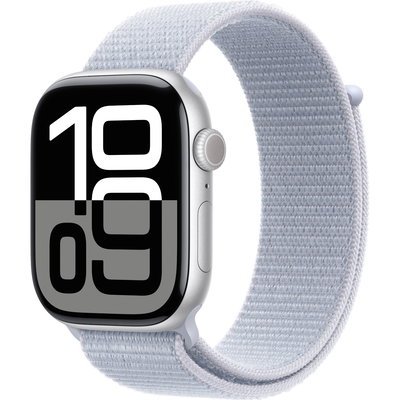 Apple Watch Series 10 GPS, 46mm Silver Aluminium Case, Blue Cloud Sport Loop