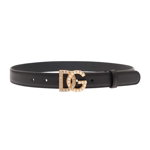 Dolce & Gabbana Black Belt with DG Logo Buckle with Pearls and Rhinestones in Smooth Leather Woman BLACK, Dolce & Gabbana