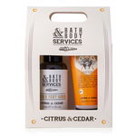 Set cadou barbati, gel de dus, balsam after shave, Bath set BATH & BODY SERVICES in paper gift box, incl. 100ml hair & body wash, 60ml after shave balm, fragrance: Citrus & Cedar, col. beige/orange/black, PU 6/24, set ca