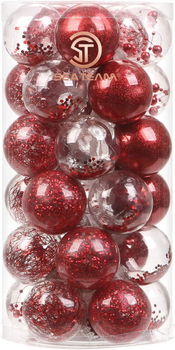 Set de 30 globuri de Craciun Sea Team, plastic, transparent/rosu, 5 cm