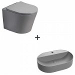 Set vas wc rimless cu capac soft close Alfonzo plus lavoar baie oval cu orificiu baterie gri mat, Foglia