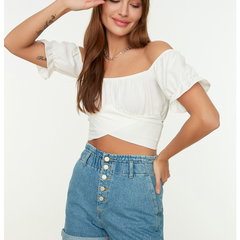 Trendyol, Bluza crop cu decolteu pe umeri, Negru