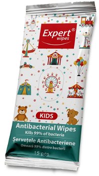 Servetele umede antibacteriene Kids Expert Wipes, 15 buc