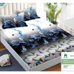 Husa de pat cu elastic 160x200 din Bumbac Finet + 2 Fete de Perna - Negru Albastru Alb, 