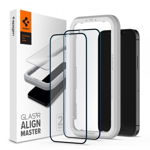 Folie sticla cu sistem de montare Case friendly Spigen ALM Glass FC compatibila cu iPhone 12/12 Pro Black Set 2 bucati