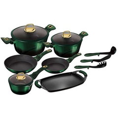 Vas gatit, Berlinger Haus, Cu capac, Set 12 buc, Aluminiu, Verde/Negru