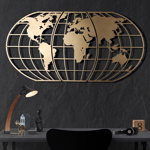 Decoratiune de perete Metal World Map Globe - Gold, Aur, 120x1x60 cm, Tanelorn