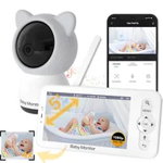 Baby Monitor WiFi 2in1 cu Camera Audio-Video Multi View, VisionHub®, UltraHD/5” Night Vision, Aplicatie Telefon, Rotire 355°/90°, Zoom 4X pentru Supraveghere Bebe, 3000mAh, Notificari Miscare, Sunet, Temperatura, Umiditate, Cantece, Mod ECO, VisionHub