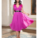 Rochie Dy Fashion fucsia cu pene la umeri si curea detasabila in talie, 