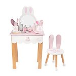 Masa cu oglinda si scaun Hi Lila Rossa girls, cu accesorii, lemn, forma iepuras, alb cu roz
