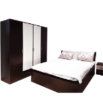 Dormitor modern Mariana din pal melaminat, pat cu 2 noptiere, sifonier in 4 usi, wenge-ferrara
