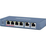Switch 4 porturi PoE Hikvision DS-3E1106HP-EI 4 × 100 Mbps PoE RJ45 ports, 2 × 100 Mbps network RJ45 ports,IEEE 802.3at/af/bt standard for PoE ports,6 KV surge protection,AF/AT camera can reach up to 300 m in extend mode,Switching Capacity 1., HIKVISION