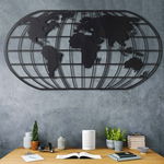 Decoratiune perete World Map Globe, harta lumii cu iluminare led, metal negru, 60x120 cm