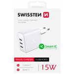 Adaptor de rețea SWISSTEN 3x USB, 15W, SMART IC - white, SWISSTEN