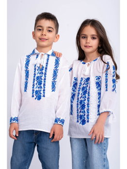 Set bluze traditionale cu broderie inflorata albastra pentru fete si baieti