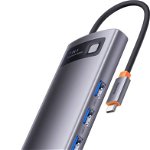 Adaptor Metal Gleam 7in1, Baseus, HUB USB-C - 2x HDMI, 3x USB3.0, RJ45, 100W, Gri, Baseus