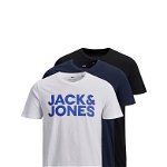 Jack & Jones, Set de tricouri cu imprimeu logo - 3 piese, Alb, Albastru, Negru, 2XL