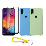 Set protectie 3 in 1 pentru Samsung Galaxy A10s cu 2 huse din silicon moale antisoc folie sticla ceramica fullsize si breloc cadou albastru-verde