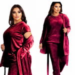 Compleu din catifea 3 piese pijama si halat batal dama, catifea soft, GRENA  burgundy 8073-24R  e-Cadou