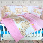 Lenjerie bebe cu protectii pentru pat, 5 Piese, Bumbac 100%, Buline, Roz/Alb, ST6030, 