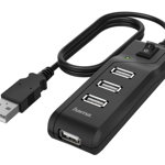 Hub USB Hama 200118, 4 x USB 2.0, 480 Mbit/s, comutator pornit/oprit (Negru), Hama