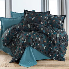 Lenjerie de pat Ranforce Cotton Pro RCP43, 100% bumbac, turcoaz inchis, imprimeu cu frunze, king size - 4 piese