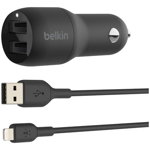 Incarcator auto Belkin, Boost Charge, Dual, USB-A 24W + cablu USB-A la lightning, Negru