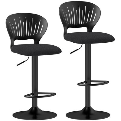 Set HOMCOM de 2 Scaune de Bar Reglabile, Scaune de Bucătărie Înalte din Țesătură Tip In cu Spătar, Suport pentru Picioare și Scaun Moale, Structură din Metal, Scaune de Bar Rotative la 360°, Negru | Aosom Romania, HOMCOM