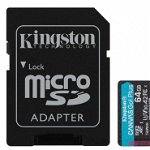 Card micro SDXC + adaptor SD 64GB Clasa 10 UHS-I Canvas GO Plus, Kingston SDCG3/64GB