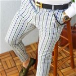 Pantaloni eleganți de bărbați, Slim Fit, Albi cu dungi albastre/verzi - PN217, 
