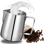 Cana din inox cu gradatie, latiera pentru spumare cu maner, Quasar & Co, cana de lapte sau cappucino, cu cioc, cana pentru bar, cana barista, 350 ml, h 9 cm