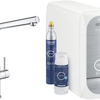 Baterie bucatarie Grohe Blue Home 31454001, monocomanda, sistem filtrare apa, racire apa si apa carbogazoasa, 3 nivele mineralizare, pipa tip L, pivotanta, Crom, Grohe