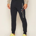 Tommy Hilfiger, Pantaloni jogger cu snur si logo brodat, Rosu/Alb murdar/Bleumarin