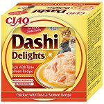 INABA Ciao Dashi, Pui, Ton și Somon, bol hrană umedă fără cereale pisici, (în sos), 70g, INABA