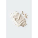 Set 2 body-uri fara maneci bebe unisex, bumbac organic, crem cu buline, Baby Cosy, marime 3-6 luni