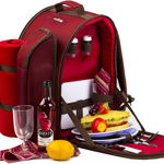 Rucsac pentru picnic Apollowalker, panza Oxford/aluminiu, rosu, cu set de vesela si patura