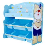 Organizator jucarii din lemn cu raft pentru carti si cutii de depozitare, 80cm, Ursulet albastru, WD9503 RCO®, Rco