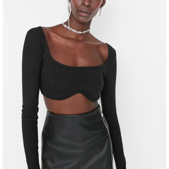 Trendyol, Bluza crop cu decolteu patrat, Negru, L