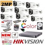 Kit supraveghere 8 camere profesional Hikvision 2mp Color Vu cu IR 40m (color noapte ) , accesorii incluse, HDD 2TB, Hikvision