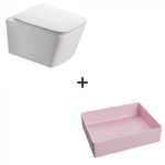 Set vas wc rimless cu capac soft close Paris plus lavoar baie dreptunghiular roz mat, Fluminia