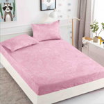 Husa de pat cu elastic din Bumbac Finet + 2 Fete de Perna - Roz Cu Model, JOJO HOME