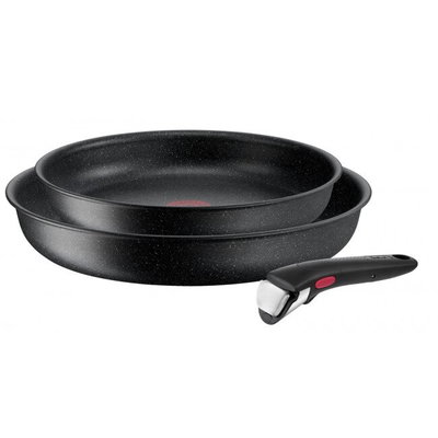 Set 3 piese Tefal Ingenio Black Stone, inductie, tigaie 24/28 cm, 1 maner detasabil, invelis antiaderent Mineralia+, indicator Thermo-Signal, baza Thermo-Fusion, negru