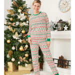 Haine de Craciun Pijama de Craciun Dama cu Maneca Lunga din Bumbac Alb cu Verde model Holiday