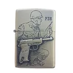 Bricheta tip zippo, 3D relief, metalica, soldat pistol P38, OEM