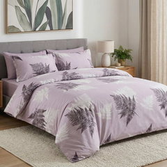Lenjerie de pat Ranforce Cotton Pro RCP27, 100% bumbac, lila, imprimeu frunze tropicale, king size - 4 piese