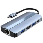 Adaptor multifunctional 7 in 1 USB-C la HDMI Techstar® CYC7IN1B, HDMI 4K, LAN RJ45 Ethernet, 1 x USB 3.0, 1 x USB 2.0, Cititor De Carduri SD/TF, PD Port, Gri, 